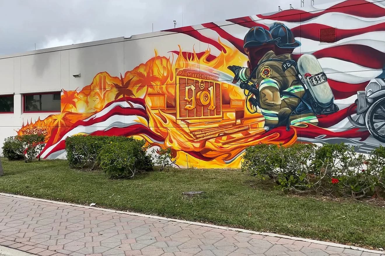 Palm Beach County 911 mural by Bulk Styles — firefighters, flames, and American flag
