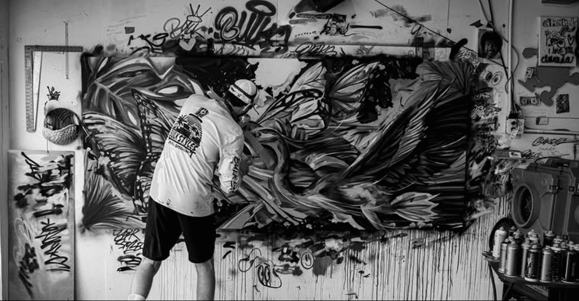 Artist at work on a large abstract mural