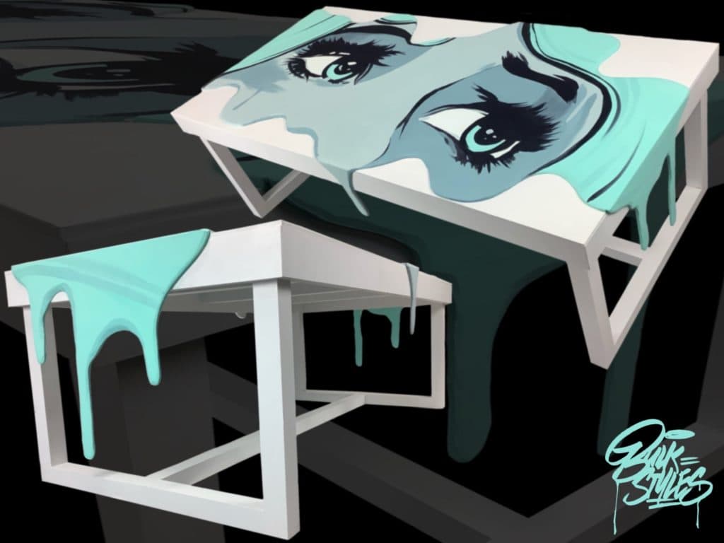 Custom art furniture piece featuring stylized eyes and dripping paint design by Bulk Styles