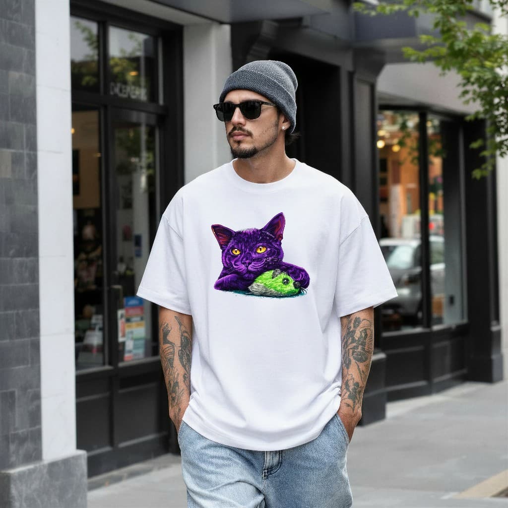 Purple cat artwork by Mark Francis on a white t-shirt, example of Bulk Styles artwork used for merchandise licensing
