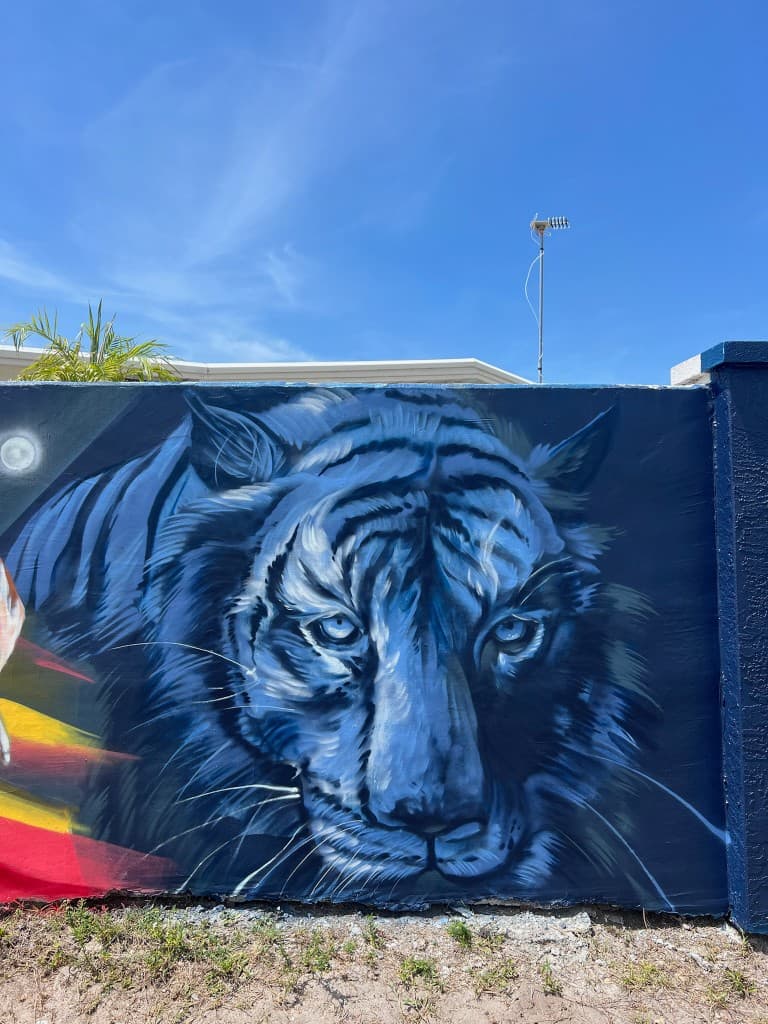 Venice Beach Circus - Blue tiger head detail with moon and bold color