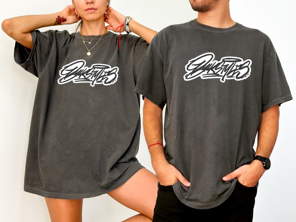 Bulk Styles apparel — models in graffiti logo t-shirts