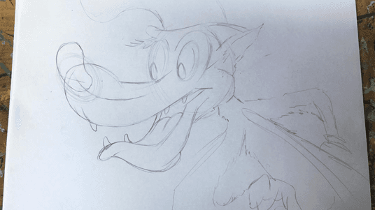 Pencil concept sketch of a character—ideas taking shape before paint touches the wall