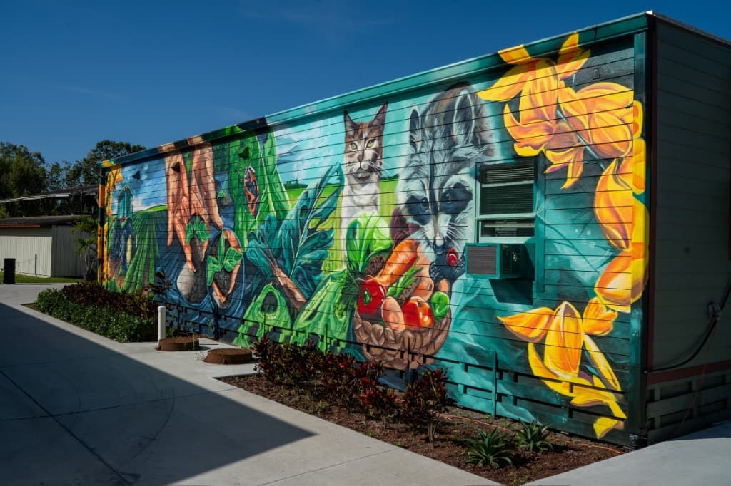 Large farm themed mural with animals and produce painted by Bulk Styles