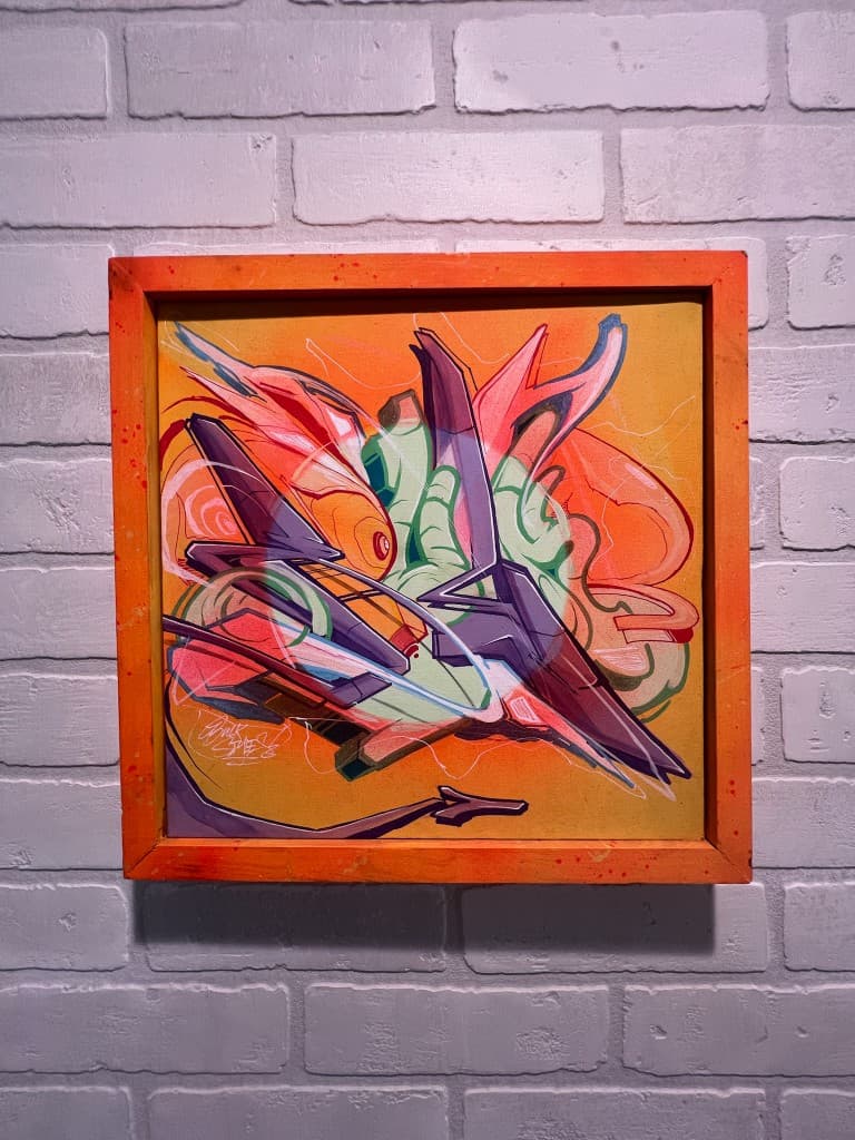 Original framed graffiti canvas artwork by Mark Francis Bulk Styles with fluorescent colors, abstract geometric design, and layered street art style composition