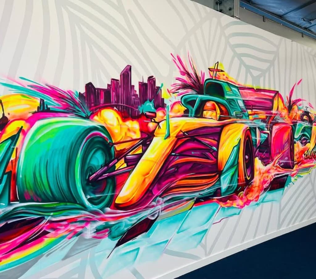 Formula 1 Miami Mural - full wall race car mural, Miami skyline