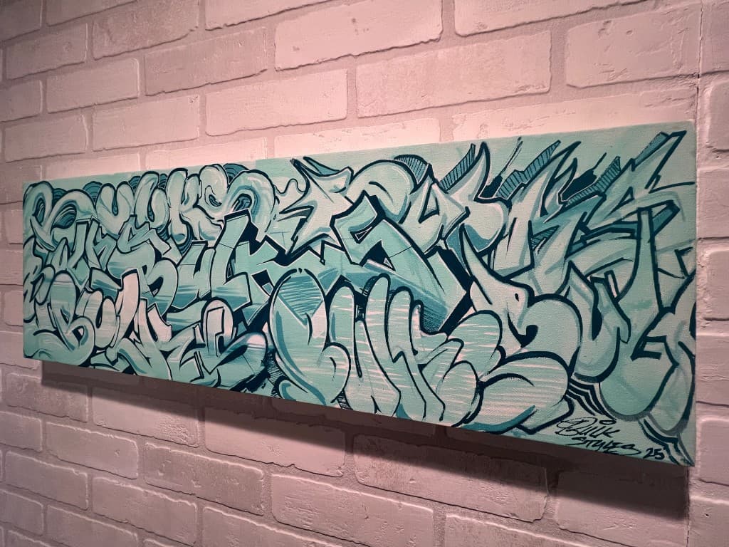 Hand painted graffiti canvas artwork by Mark Francis Bulk Styles featuring teal abstract lettering and layered street art style composition