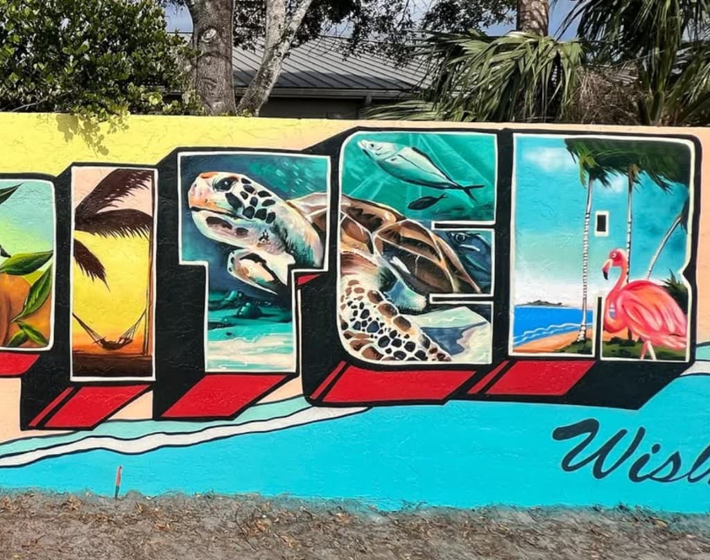 Greetings From Jupiter Mural - Sea Turtle and Beach Scene