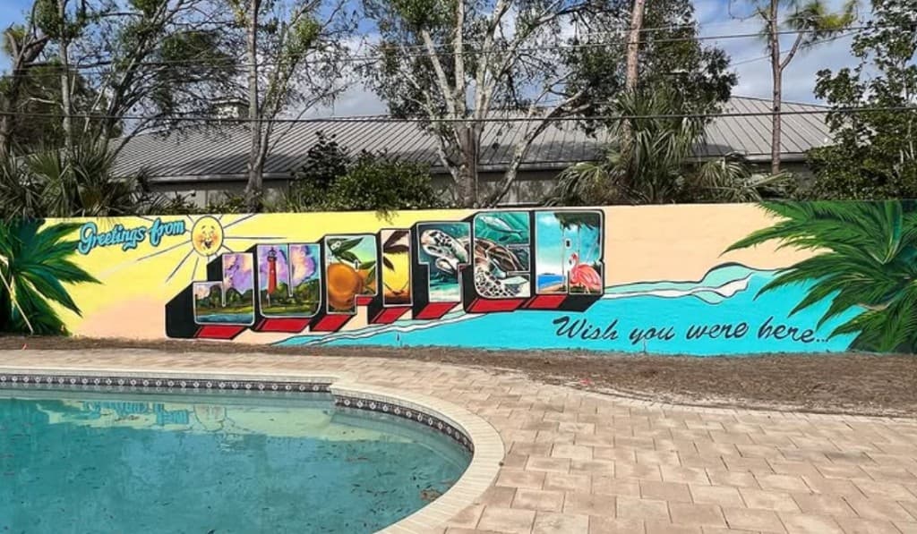 Greetings From Jupiter Mural - Mural with Pool View