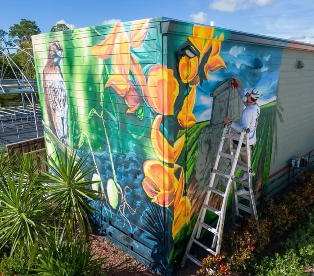 Mural artist Bulk Styles painting a colorful large scale outdoor mural on a building wall while standing on a ladder.