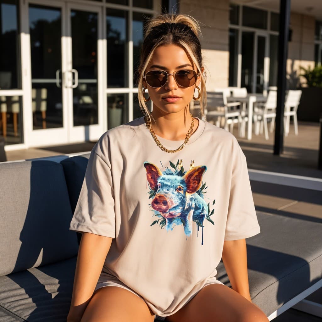 Licensed artwork on apparel—colorful pig art on beige t-shirt