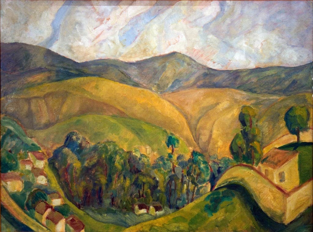 Diego Rivera landscape painting — rolling hills, trees, village houses and winding path under a cloudy sky in earthy tones