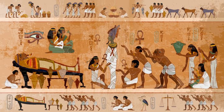 Ancient Egyptian tomb mural in horizontal registers showing daily life, religious rituals, and funerary scenes with stylized figures and hieroglyphs