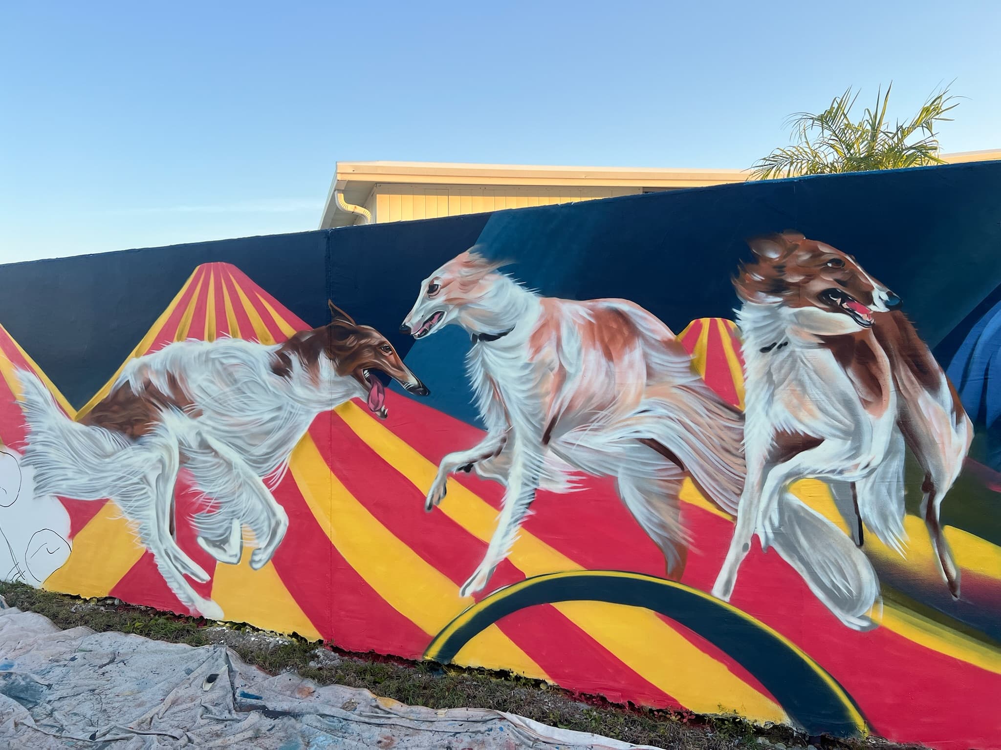 Circus themed mural featuring three running borzoi dogs painted by Mark Francis of Bulk Styles