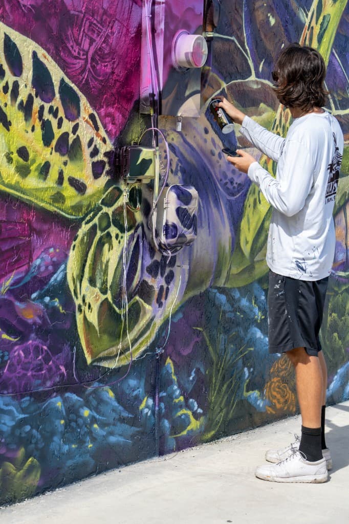 Mark Francis creating a sea turtle mural for a community space or nonprofit project