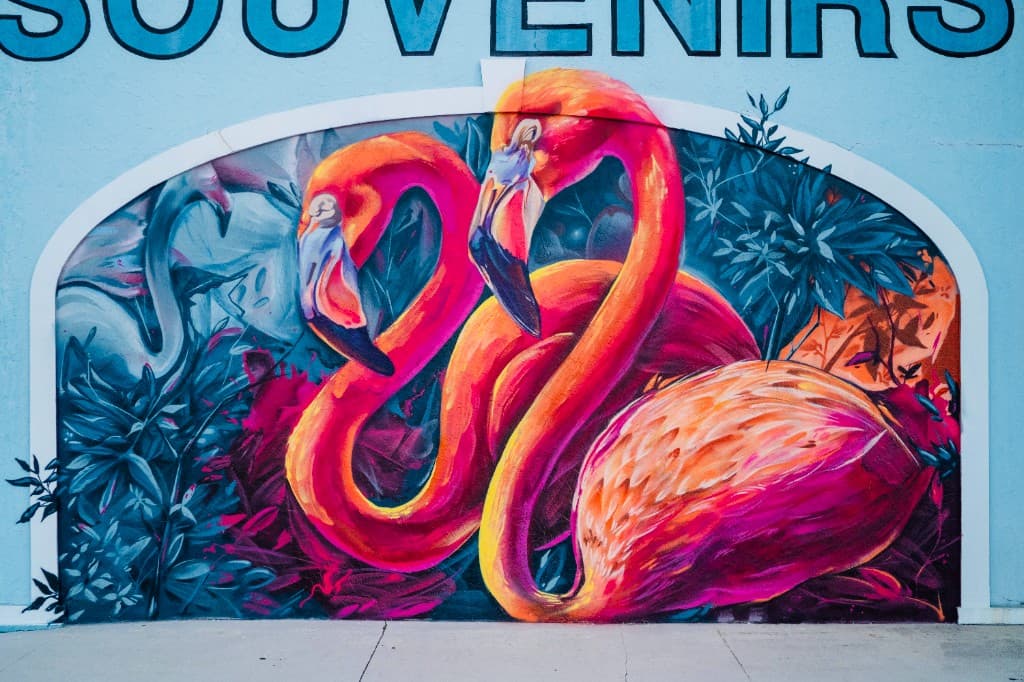vibrant pink flamingo mural at Sea Shell City in Florida by graffiti rooted artist Mark Francis Bulk Styles