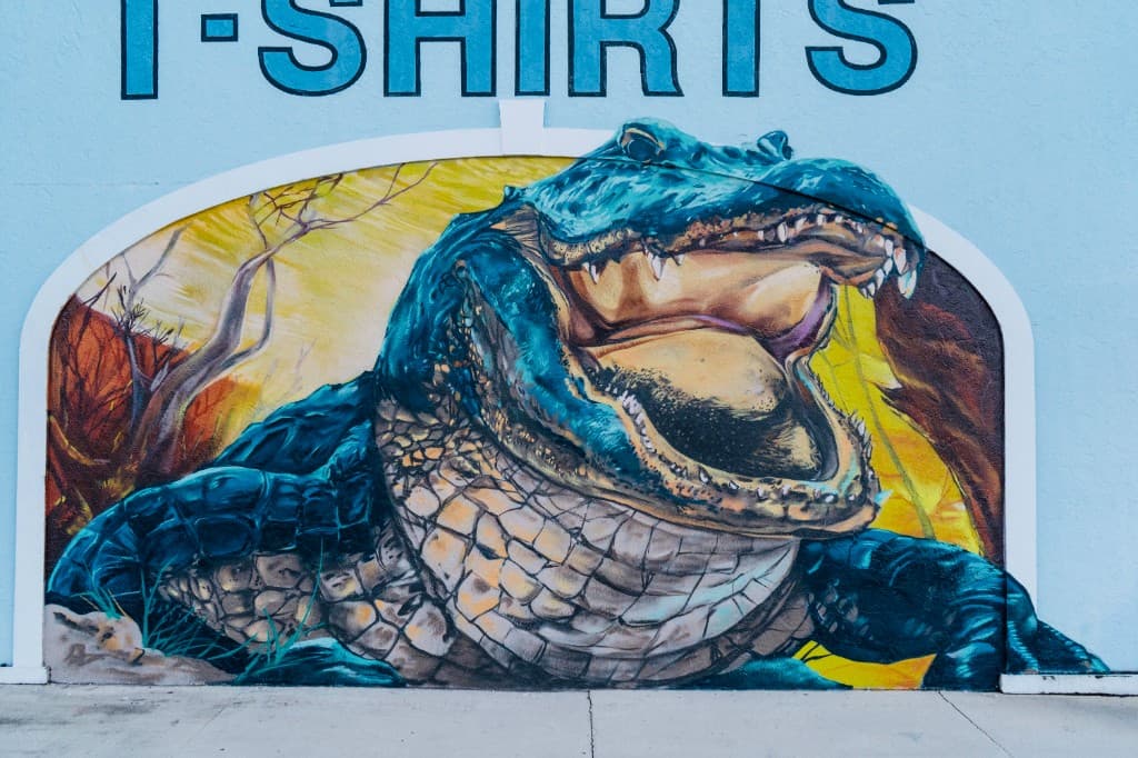 Bulk Styles at work on a mural at Sea Shell City in Riviera Beach — alligator in arched frame