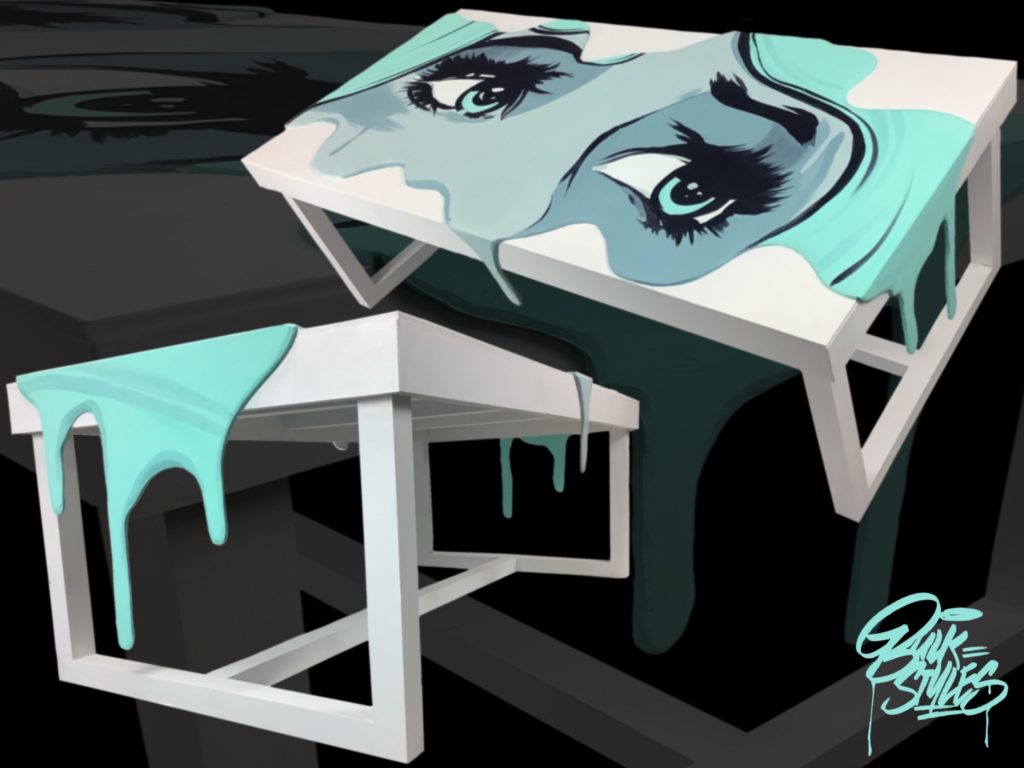 Custom art furniture piece featuring stylized eyes and dripping paint design by Bulk Styles