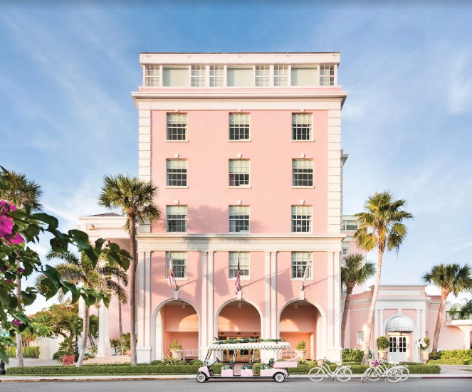 The Colony Hotel — pastel pink facade, Palm Beach