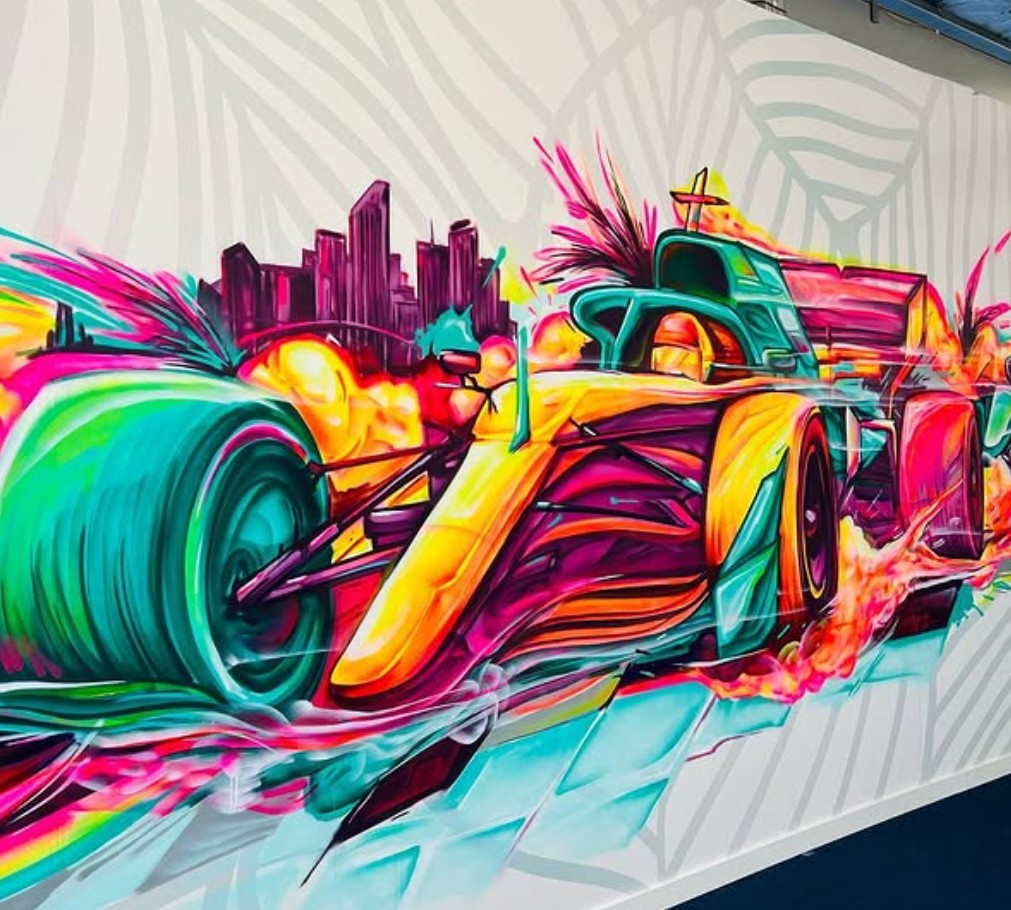 Formula 1 Miami Grand Prix mural with race car and city skyline