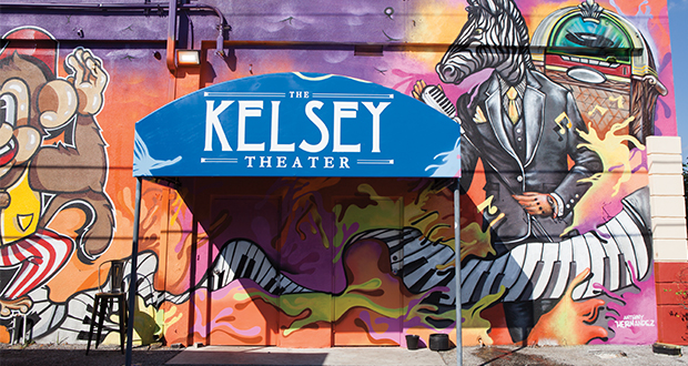 colorful mural at the Kelsey Theater in Lake Park Florida painted by mural artist Mark Francis Bulk Styles